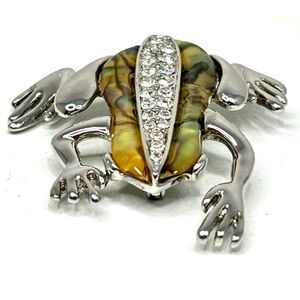 Frog Brooch Abalone Shell Silver Tone Crystal Lined Back Pin